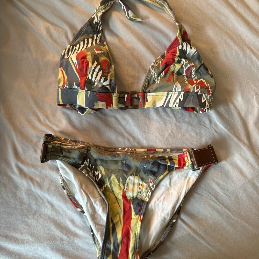 RYGY Halter Bikini Set in Olive, Red & Gray